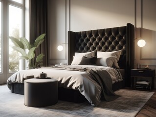 Luxurious, monochromatic bedroom with a plush, black velvet headboard, silver accents, and a geometric area rug, bathed in natural light