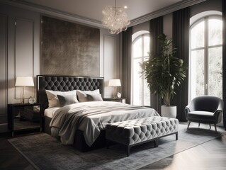 Luxurious, monochromatic bedroom with a plush, black velvet headboard, silver accents, and a geometric area rug, bathed in natural light
