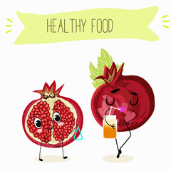 Cute garnet, pomegranate characters, funny fruits, characters with different activities. Flat vector illustration. Organic food, healthy food, illustrations for kids menu, invitations.