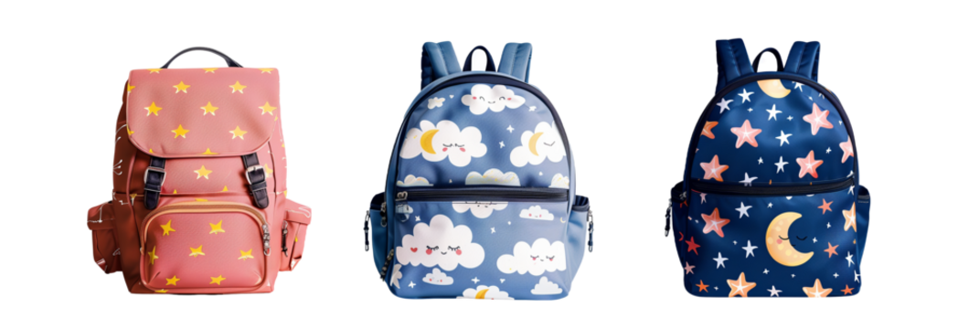 set of different backpacks featuring cartoon-themed patterns with stars, moons, and clouds, isolated on transparent background - Powered by Adobe