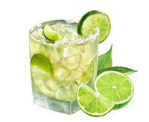 Watercolor illustration of Margarita cocktail glass with limes close up. Design template for packaging, menu, postcards.
