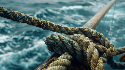 A detailed view of a sailors rope as they navigate the seas. highlighting its strength and dependability in nautical conditions. The focus is on elements like knots