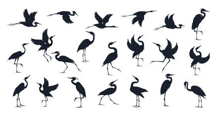 Fototapeta premium Heron birds silhouette set isolated on white background. Flying, standing, running, walking and dancing herons. Vector drawings collection.