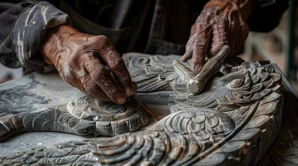 Foto op Canvas A detailed view of a sculptors hands etching complex patterns into stone. demonstrating the expertise and creativity in statue creation.  © Oleksandr