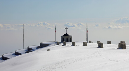 Pieve, TV, Italy - March 13, 2024: Military Ossuary Memorial of Monte Grappa with snow
