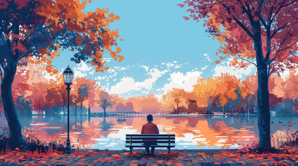 A man sits on a bench in an autumn park