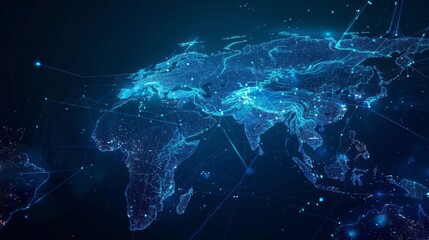 Digital map of Asia, concept of global network and connectivity, data transfer and cyber technology, business exchange, information and telecommunication - obrazy, fototapety, plakaty