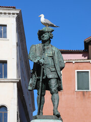 Venice, VE, Italy - February 13, 2024: statue of GOLDONI CARLO and a seabird on the head