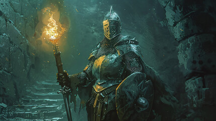 Knight in plate armor a helmet with a sword  - obrazy, fototapety, plakaty