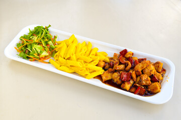 Macaroni Salad with red bell pepper, onion, celery, gherkins and mayonnaise dressing.Traditional Italian pasta with vegetables and creamy cottage cheese in a bowl. Fettuccini, alfredo makarna. 