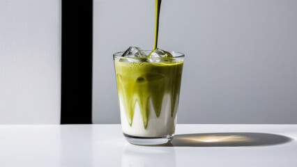 Dynamic Pour of Iced Matcha Latte Creating Creamy Green Swirls in a Glass