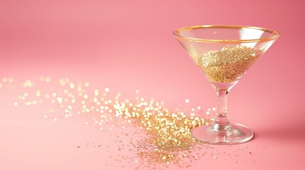 Elegant martini glass with golden confetti on pink background. Creative minimal party concept.