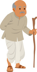 Indian Old man, Grandfather is holding a walking stick in hand
