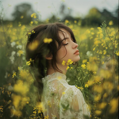 Woman Embracing the Beauty of Spring in a Field of Yellow Flowers