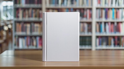 Blank book cover mock-up template on table in blured library. Book cover layout