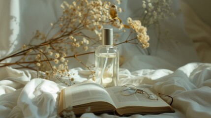 White Vase With Flowers and Book on Table