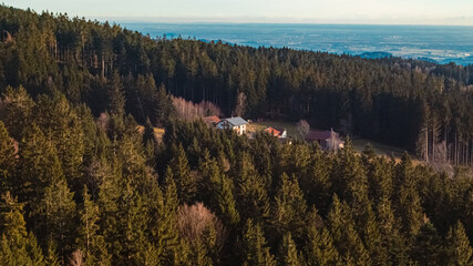 Cloudy spring view at Waldwipfelweg, Saint Englmar, Straubing-Bogen, Bavarian Forest, Bavaria, Germany