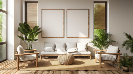 Frame mockup, poster mockup frame on living room wall, poster mockup, interior mockup with house background. Modern soft minimalism and boho interior design. 3D rendering style, apartment