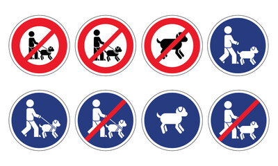 Série de panneaux routiers avec des pictogrammes pour informer les promeneurs du comportement a avoir avec leur chien dans un lieu public.