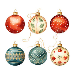 Set of Christmas baubles in watercolor style сreated with Generative Ai