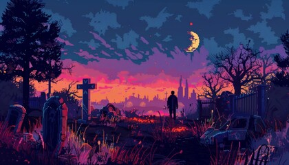 Craft a haunting scene depicting a virtual reality experience of historical events using pixel art techniques The juxtaposition of the past and future should be evident in the details and colors chose