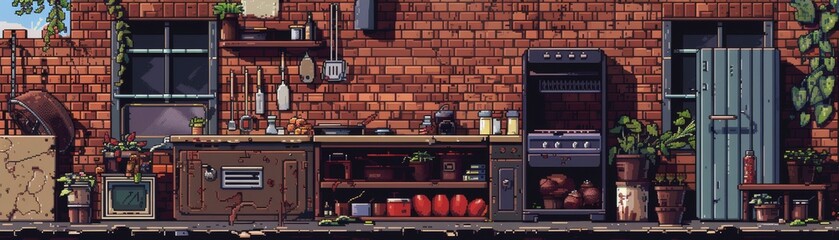 Craft a pixel art masterpiece depicting a rooftop cooking nightmare, combining culinary tools, horror elements, and street art influences,