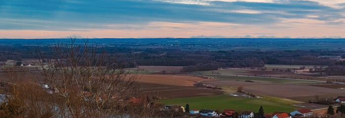 High resolution stitched spring panorama of the alps in about 150 Km distance seen from Mount...