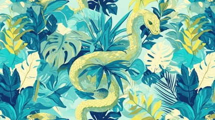 Fotobehang Behold a stunning pattern featuring vibrant python and tropical leaves showcasing an exquisite allover print intricately adorned with hand drawn exotic plants and a slithering snak © AkuAku