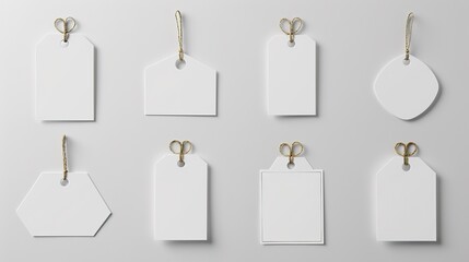 Various shape of blank white paper label or cloth tag set isolated on white background. Price tag mockup template with copy space for brand, information. Shopping, sale concept, black friday sale.