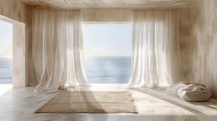 A room with a large window overlooking the ocean. The curtains are white and the room is empty