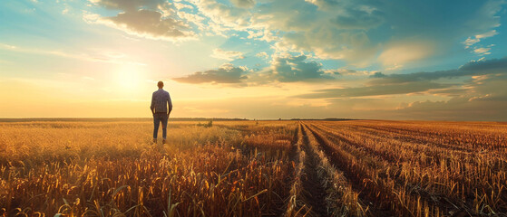 A farmer in a wide field, checking on crops under a blue sky. Sunny day. - obrazy, fototapety, plakaty