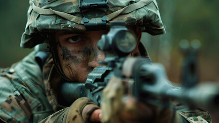 Fototapeta premium Soldier aiming with copy space