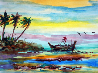 Original art watercolor painting phuket thailand Beach	