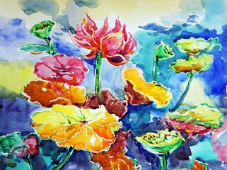 abstract color backgrounds for design art watercolor painting lotus flower and  waterlily	