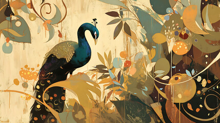 Oil painting wallpaper of peacock, the beauty of its beautiful tail
