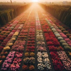 Fields of flowers at sunset. Generative AI