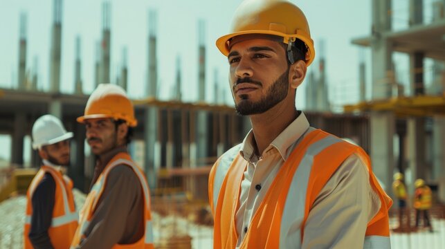 A civil engineer supervising construction workers at a building site, ensuring adherence to safety protocols and quality standards.