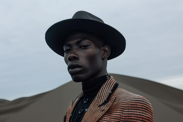 Elegant black male model in fashionable attire and stylish hat posing against a moody sky with textured sand dunes backdrop