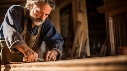 Un artisan menuisier restaure une armoire en bois dans son atelier rempli d'outils traditionnels et de bois de différentes essences. Portant un tablier de travail et des lunettes de protection