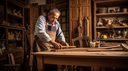 Un artisan ébéniste restaure une ancienne armoire en bois dans son atelier rempli d'outils traditionnels et de bois de différentes essences. Portant un tablier de travail et des lunettes de protection - obrazy, fototapety, plakaty