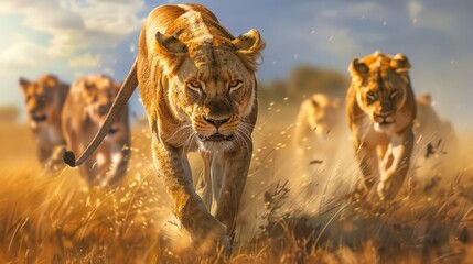 A lioness leading her pride on a hunt through the savannah, her strategic prowess ensuring the success of the hunt in the wild.