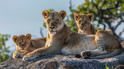 A lioness and her cubs lounging on a rocky outcrop, basking in the warm sunlight of their natural habitat in the wilderness.