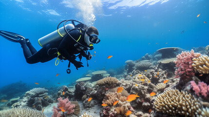 Un biologiste marin plonge dans un récif corallien tropical pour étudier la biodiversité sous-marine. Équipé d'une combinaison de plongée, d'un masque et d'un respirateur, il nage parmi une myriade de - obrazy, fototapety, plakaty