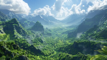 A panoramic view of lush green valleys framed by towering mountain ranges, offering a stunning vista of natural beauty and tranquility. - obrazy, fototapety, plakaty