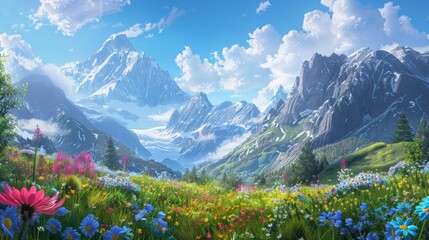 A peaceful alpine meadow dotted with colorful wildflowers, framed by towering peaks that stand as guardians of the natural world.