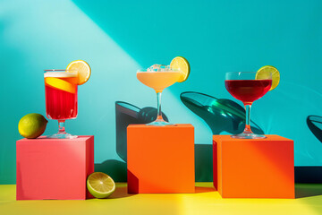 
Colorful vibrant minimal modern design of different cocktails in glass on top of a colorful cube...