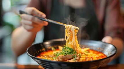 A person slurping noodles from a bowl of Tom Yum chicken soup, relishing the combination of spicy broth, tender chicken, - obrazy, fototapety, plakaty