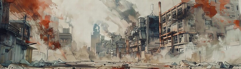 Illustrate a dystopian society in a watercolor painting, featuring a post-apocalyptic setting with surrealism and cubism influences,