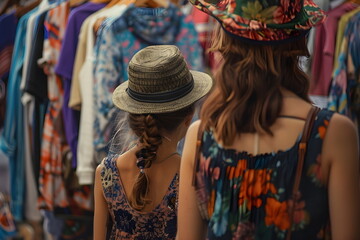 Fototapeta premium Mom and her daughter standing in a clothing market between racks of clothing