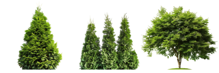 set of arborvitae trees, conical and lush, isolated on transparent background